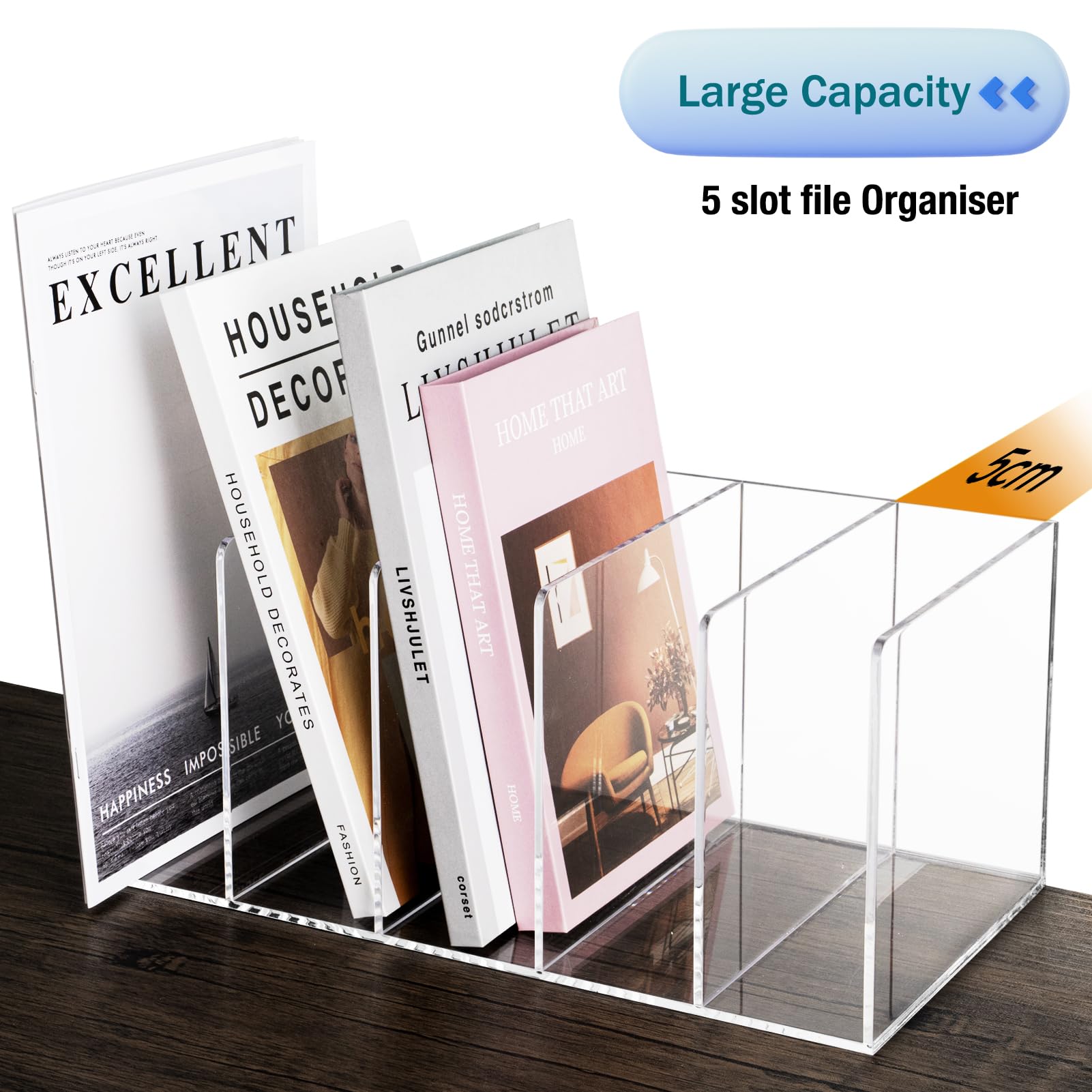 Organizador de archivos de escritorio acrílico – 5 compartimentos vertical para revistas – Clasificador de espacio de trabajo transparente para carpetas, libros y documentos, sin montaje, 35 x