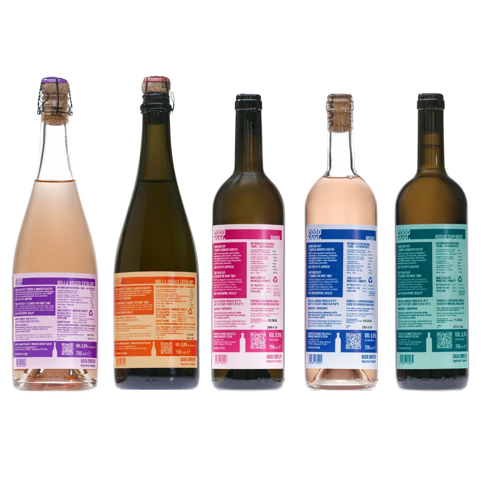 SEEP.LIFE | Kit Degustazione - Seep Bianco, Rosato, Rosso Superiore, Bolla Bianca, Bolla Rosata, Bevanda Analcolica, 5 Bottiglie da 750ml con Tappo Riutilizzabile, Made in Italy
