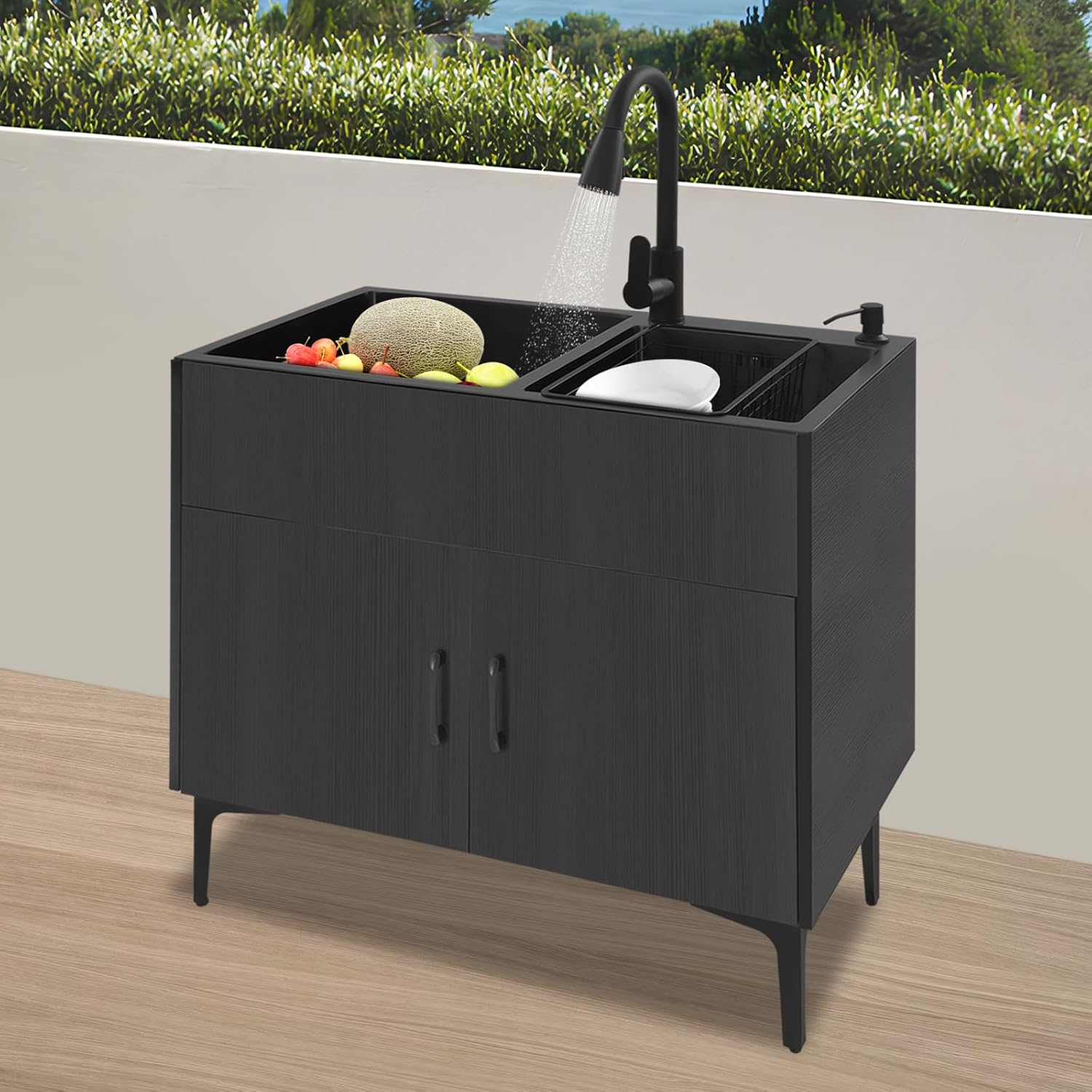 Laundry Sink with Cabinet, Utility Room Stainless Steel Sink with Pull-Out Faucet Dual Bowls, Freestanding Laundry Utility Tub for Kitchen Bathroom 31.89x16.93x30.71in (Black)