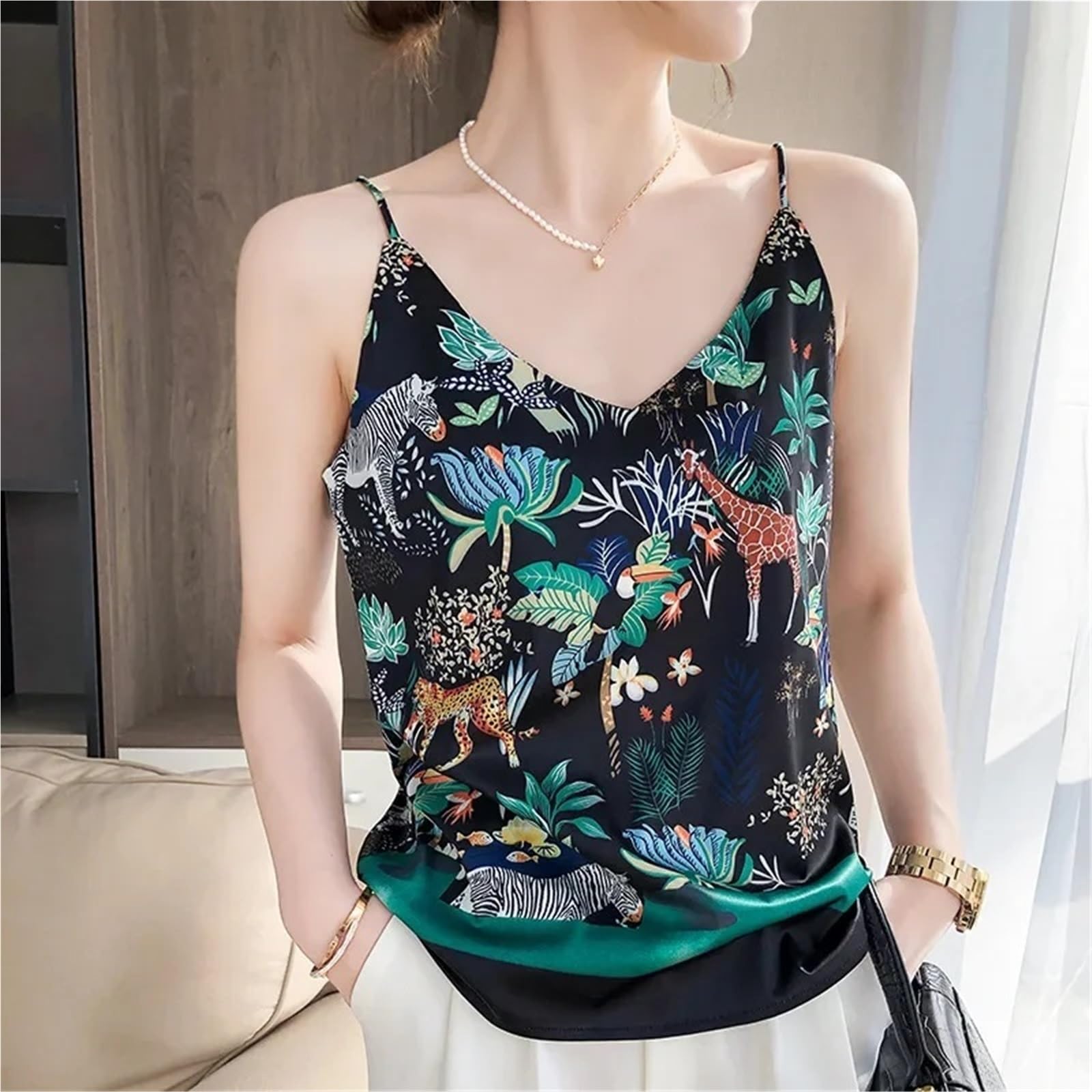 Camisola Estampada con Cuello en V, Camiseta sin Mangas de satén, Camisola Floral pequeña, Top Verano for Mujer 1 Uds para Fiestas Y Vacaciones