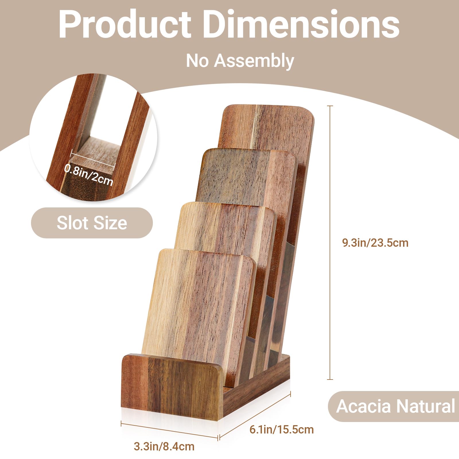 Soporte para folletos de madera de acacia de 4 pulgadas de ancho, soporte de literatura de 4 niveles, soporte de exhibición de folletos de triple pliegue, menú de folletos de 4 x 6 pulgadas