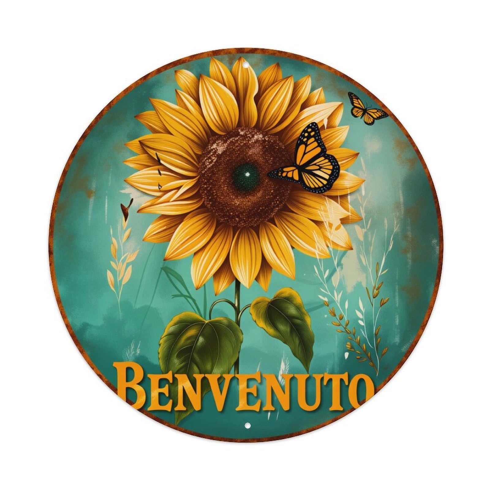 Sunflower Butterfly Leaves Sky Text Vintage Metal Tin Sign Retro Wall Decor for Home Bar Garage Cafe, Indoor & Outdoor Decorative，circle Metal Poster, 8x8 Inch