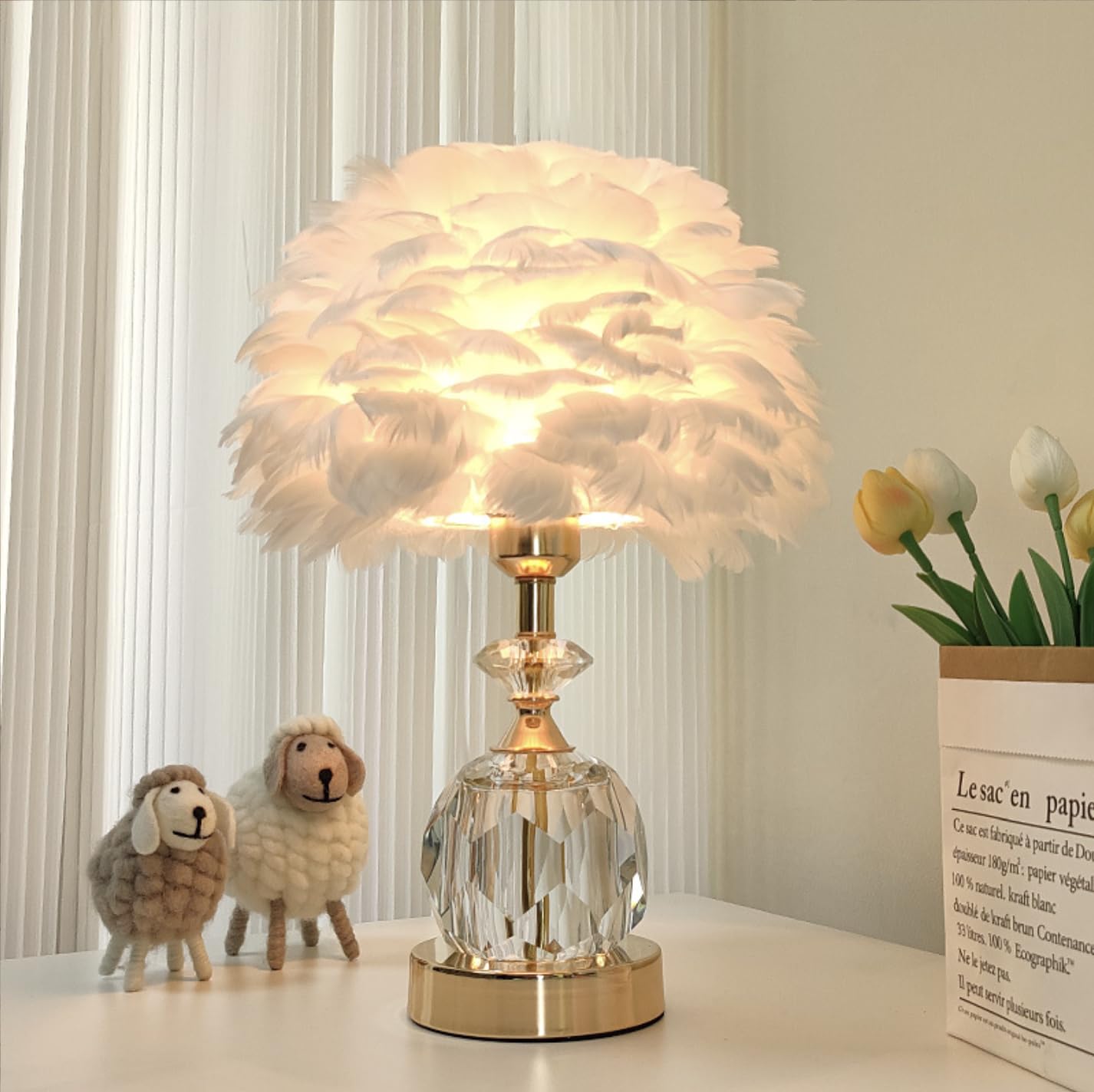 Base De Cristal Lámpara De Mesa De Plumas Blancas Lámpara De Noche De Plumas Románticas Lámpara De Noche De Plumas Lámpara De Plumas Decoración De Dormitorio, Lámpara De Cabecera De Sala De Estar