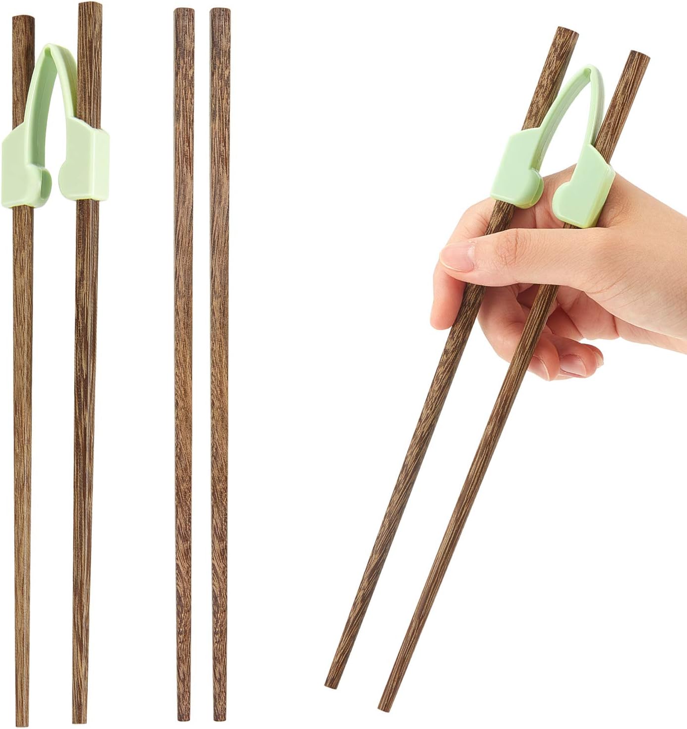 Learning Chopstick Helpers Attachable Training Chopsticks Hinges Connector Reusable Plastic Training Chopstick Helper and 2 Pieces Wooden Chopsticks for Adults, Beginner, Trainer or Learner, 3 Pieces