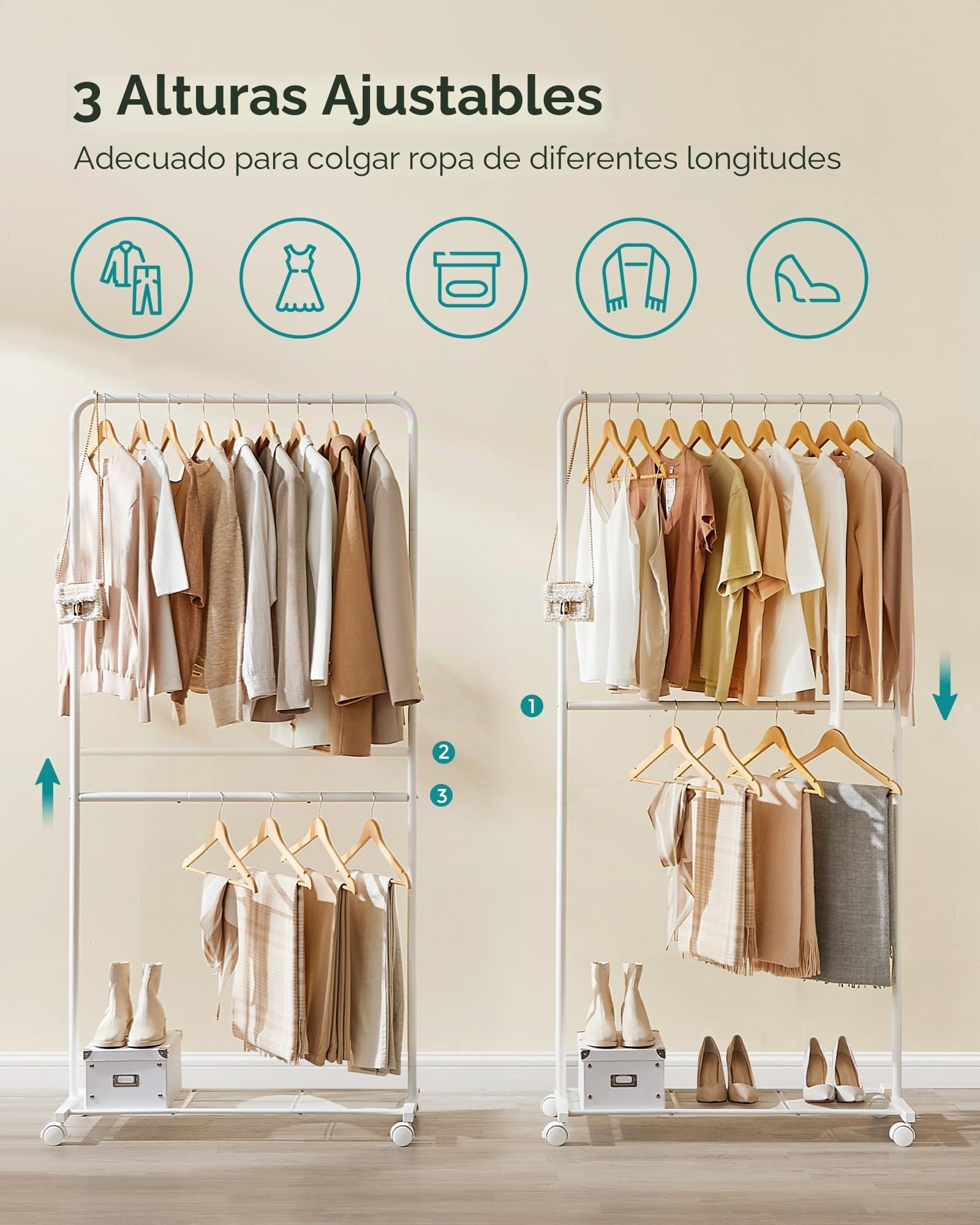 SONGMICS Perchero con ruedas, perchero de doble barra de 36 pulgadas, estante de ropa para colgar ropa, con estante de almacenamiento de malla densa, capacidad de carga de 44 libras, 2 frenos, marco