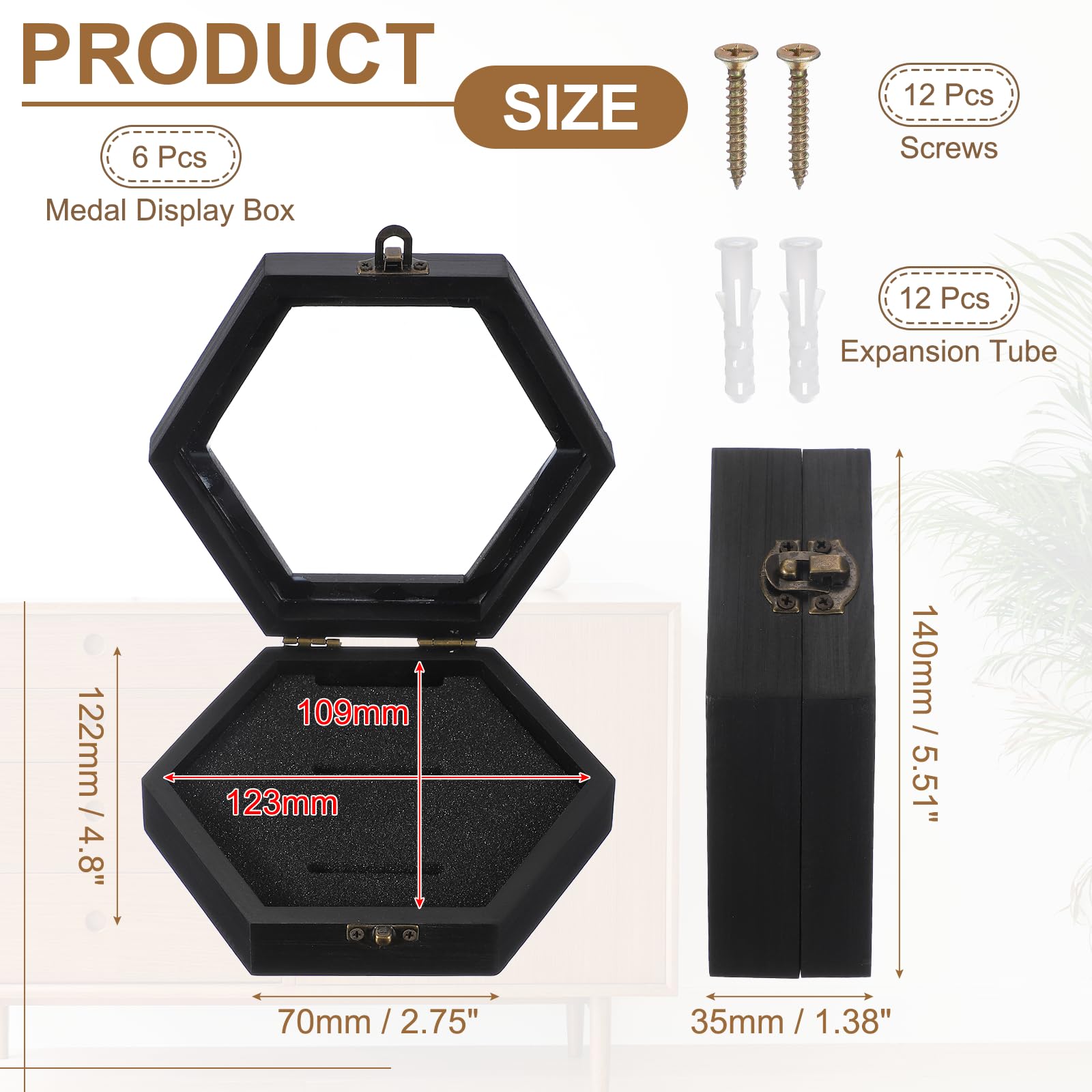 PATIKIL 6 Piezas De Estuche para Mostrar Medallas, Marco De Exhibición De Medallas De Madera Hexagonal Colgador De Pared para Insignias Caja Sombra para Maratón Distintivo, Negro
