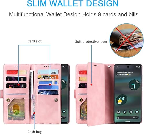 Miniatura 3 de Furiet Funda tipo cartera para Google Pixel 6A 5G 2022, estilo retro, mate, 9 ranuras para tarjetas, funda de bolsillo con cremallera, cierre