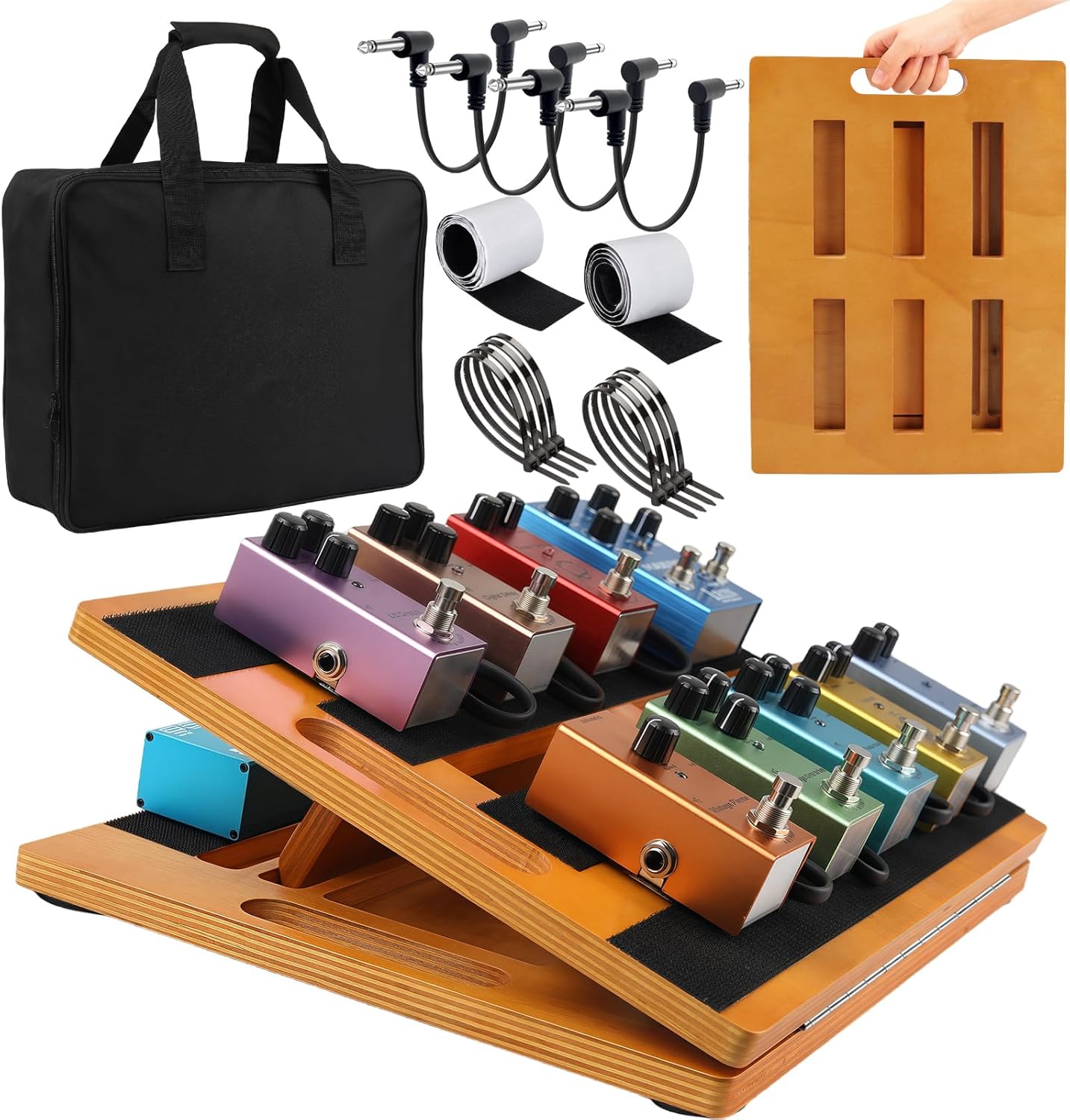 Wooden Guitar Pedal Board 15.75" x 11.8", Foldable Pedalboard 2-Level Adjustable Height Lightweight Pedal Stand, with 4 Pcs 6 Inch Guitar Patch Cables, Portable Carry Bag, Hook-and-Loop Tapes