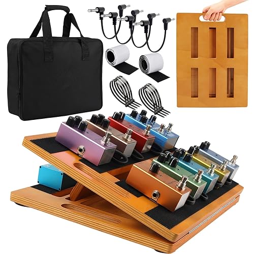 GOGHOST Wooden Guitar Pedal Board 15.75" x 11.8", Foldable Pedalboard 2-Level Adjustable Height Lightweight Pedal Stand, with 4 Pcs 6 Inch Guitar Patch Cables, Portable Carry Bag, Hook-and-Loop Tapes
