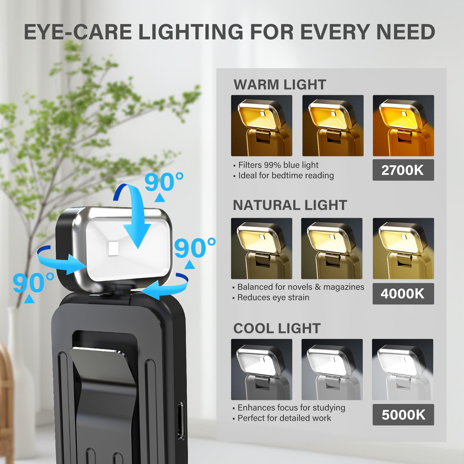 Luz de libro con indicador de batería para lectura nocturna y de cama, recargable, 3 temperaturas de color y 9 niveles ajustables, bisagras de metal con clip de luces LED, diseño de cuidado de los
