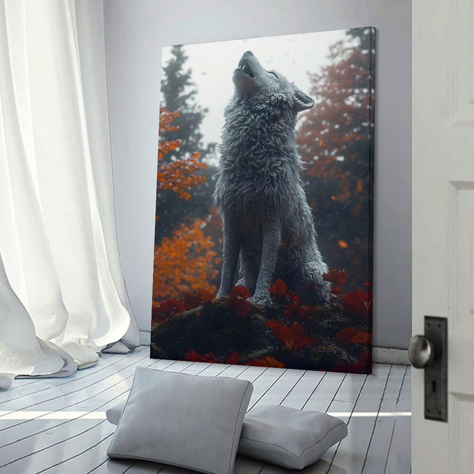 Junmoney Frame-Style-5 Howling Wolf In Autumn Forest Room Decor Wall Art 24X36inch(60X90cm), For Entrance Walls, Hall Decor Or Foyers, A Neat Decor Update For Hallways