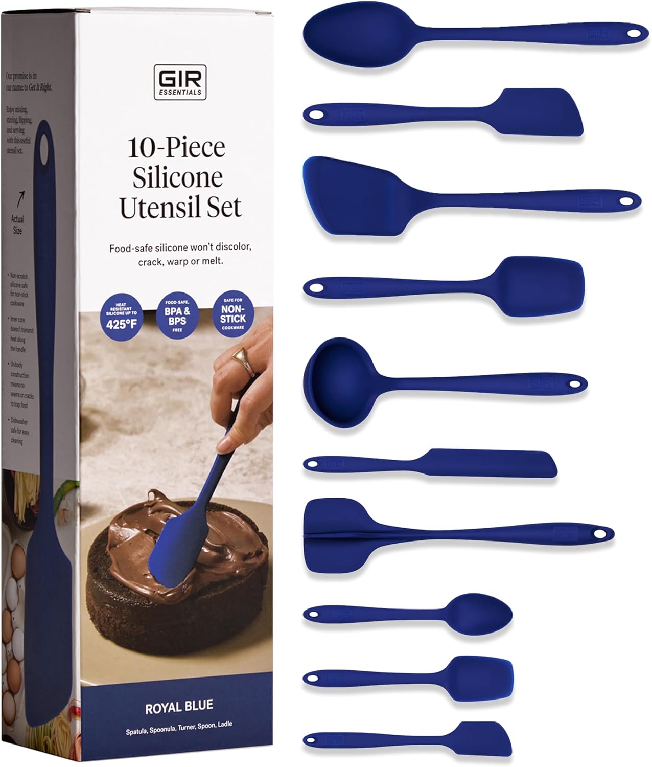 GIR: Get It Right 10-Piece Silicone Essentials Kitchen utensils set – Ladle, Spatula, Flip, Spoon & Spoonula – Non toxic cooking utensils for Nonstick Cookware, Cooking and Baking – Royal Blue