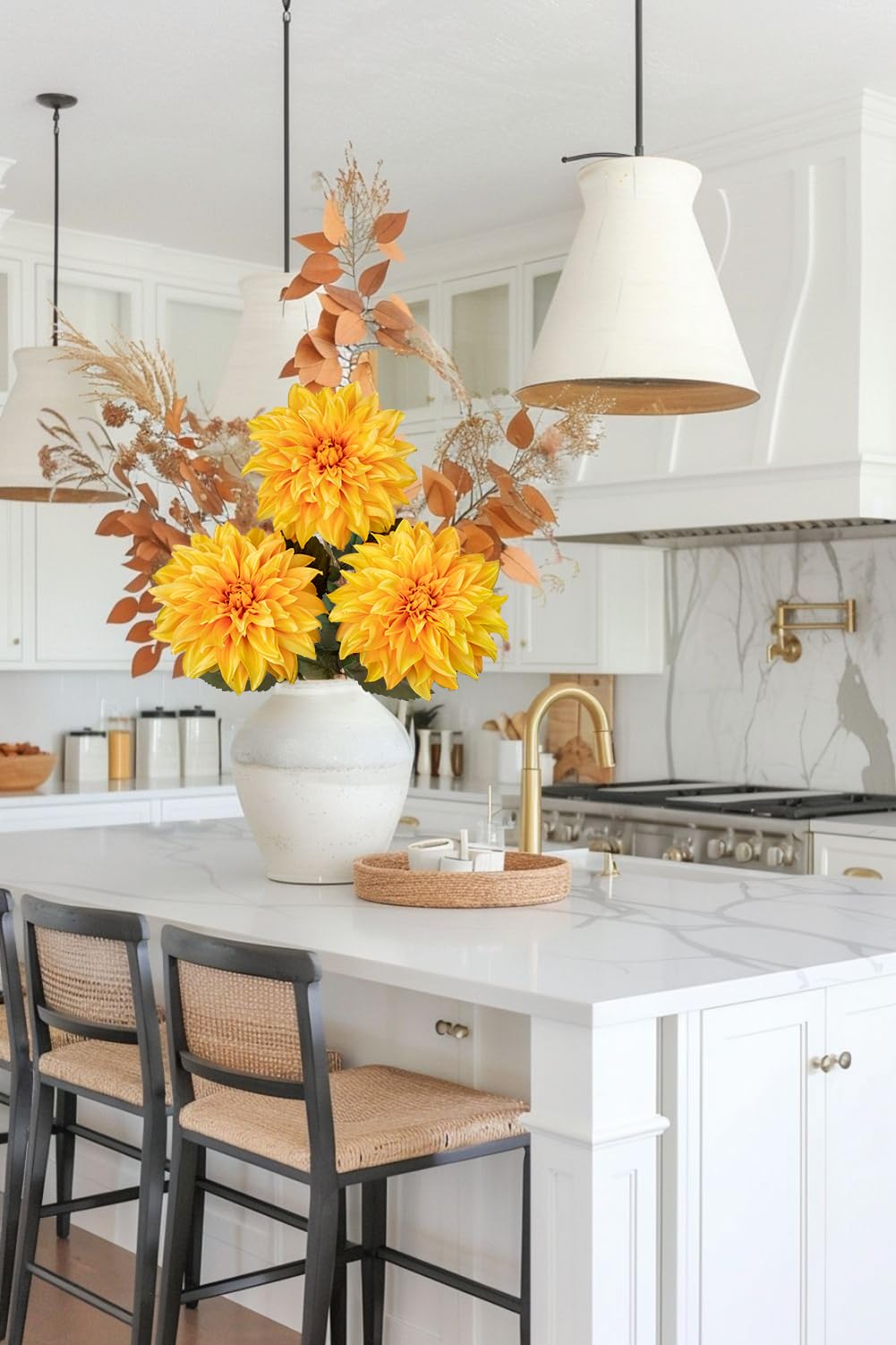 Hollyone 7.5'' Large Artificial Dahlia Flowers with Long Stems, 3pcs Yellow Fake Flowers Faux Dahlias - Image 3
