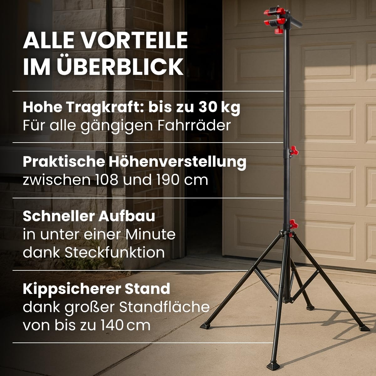 WALTER Fahrrad Reparaturständer, Montageständer, belastbar bis 30 kg, klappbar, fünfbeinig, individuell einstellbare Arbeitshöhe zwischen 108cm und 190cm, inkl. Schrauben- und Werkzeugablage