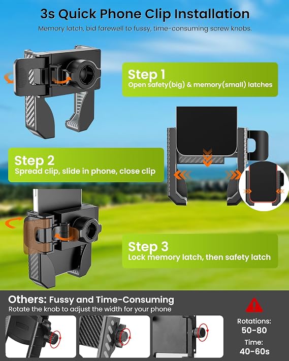Golf Cart Phone Holder Mount - 3s Phone Clip Install, 1s Lock & Release,Phone Caddy for iPhone Galaxy & More Fits Yamaha Club Car EZGO Icon, Golf Cart Accessories Essentials Gift for Men Women