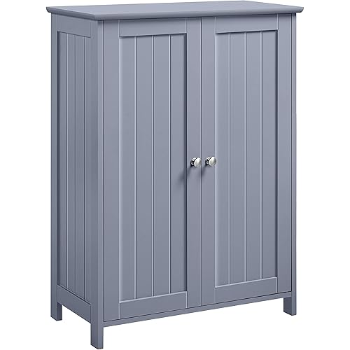 Yaheetech Bathroom Storage Floor Cabinet, Modern Freestanding Organizer Cabinet with Adjustable Shelf & Double Doors, 3-Tier Home Living Room Furniture, Gray