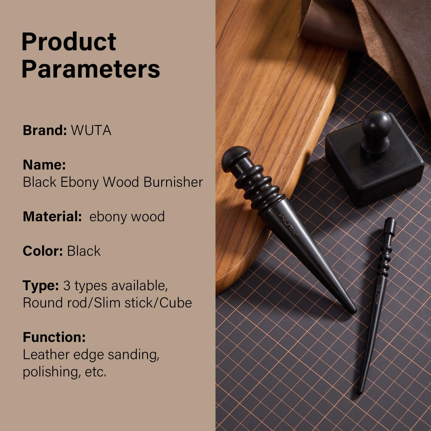 WUTA Leather Burnisher Ebony Wood Leather Edge Burnisher Slicker High-Density Wood Leather Craft Tool Edge Polished Grinding Burnishing Tool (Slim Stick)