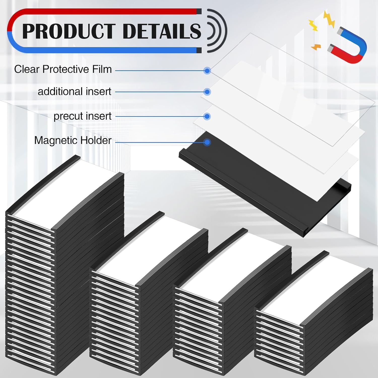 Gueevin 200 Pcs Magnetic Label Holders Bulk 4" x 2" C Channel Label Holder Magnetic Data Card Holders with 200 Pcs Clear Plastic Protectors 400 Pcs Paper Inserts for Name Tag File Cabinet Shelf