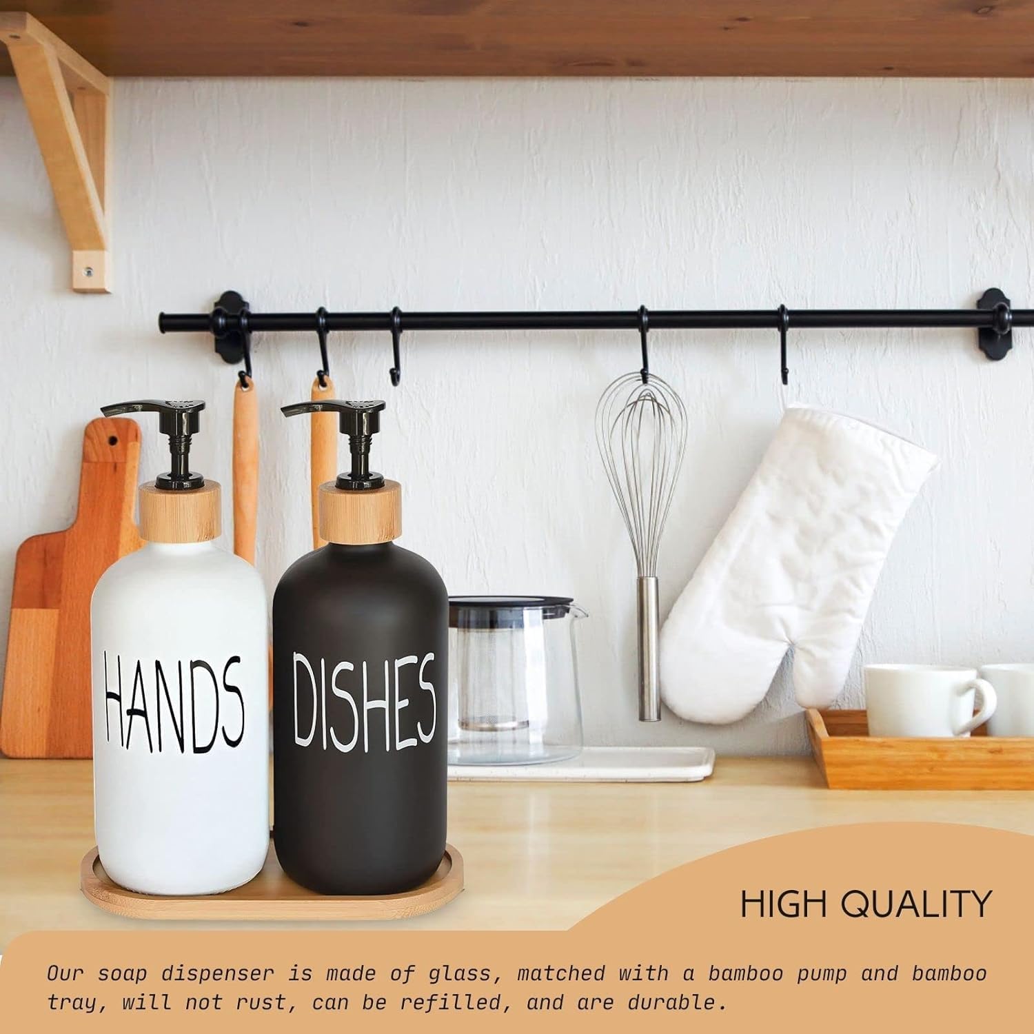 Glass Soap Dispenser Set, Hand Soap and Dish Soap Dispenser with Bamboo Tray. Vintage Soap Dispenser with Pump for Kitchen Drain Outlet and Bathroom. Stylish Permanent Labels (Matte Black&White) image 5