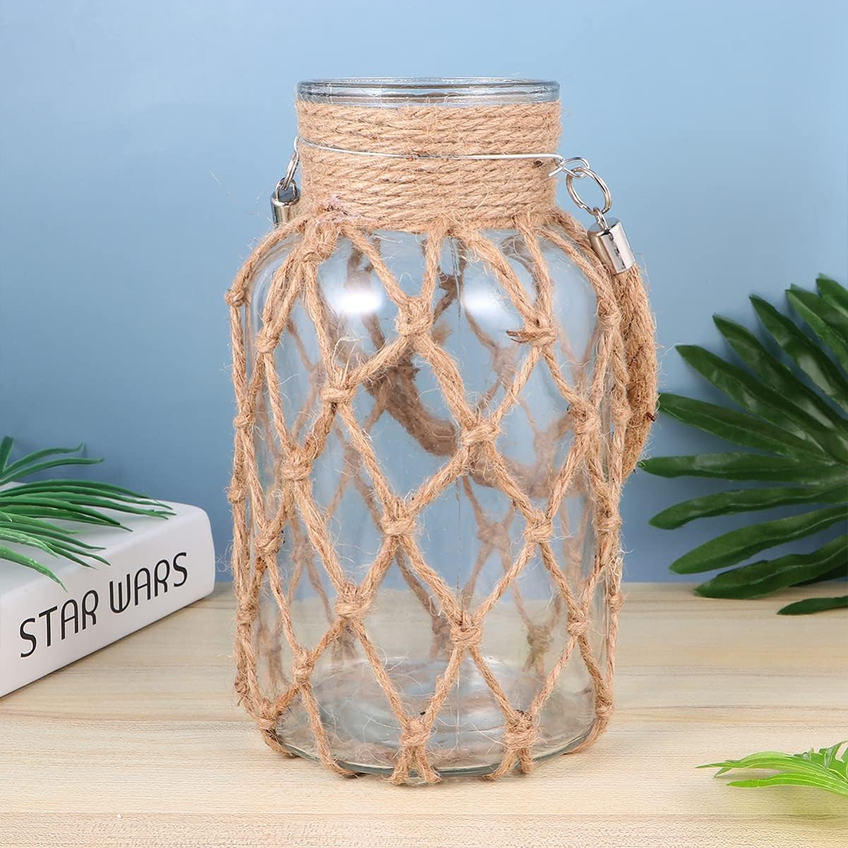 Hanging Jars Glass Jar Vase Rope Rustic Rope Net Flower Vase Decorative Dry Flower Glass with Handle Hydroponics Green Plant Container Clear 2 Decorative Bottles