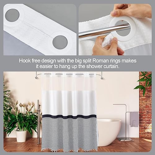 Miniatura 5 de VitalCozy Cortina de ducha en blanco y negro a rayas con borlas, 72 x 72 pulgadas, sin gancho, juego de forro de tela a presión, con ventana