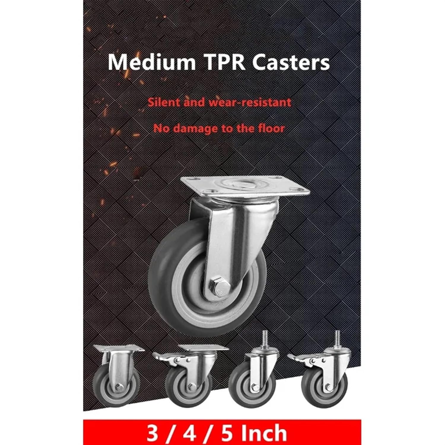 4 Pcs/Lot Medium Gray TPR Casters Aviation Box Flat Tool Handcart Silent Universal Wheels Rubber Carts Ovens Shelves(Brake,3 Inch)