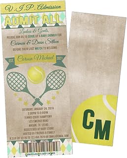 Vintage VIP Admission Sports Baby Shower Ticket Invitations with envelopes, Soccer, Baseball, Football, Tennis, Basketball, Golf (Tennis)