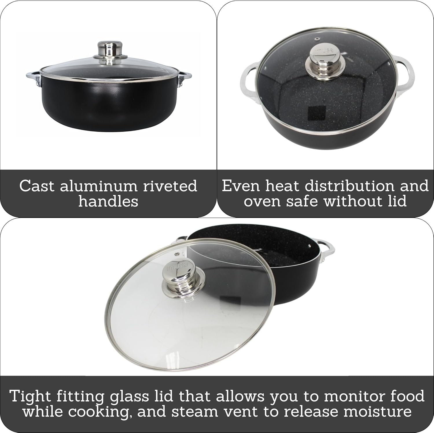 imusa 4.4qt bistro ceramic nonstick caldero/dutch oven with glass lid, black 4.4 quarts bistro