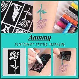 Anmmy Temporary Tattoo Metallic Markers for Skin,16-Count Body Markers+77 Large Tattoo Stencils of Assorted Colors for kids and Adults,Flexible Brush Tip, Bright colors, Skin-Safe*,Cosmetic-Grade.