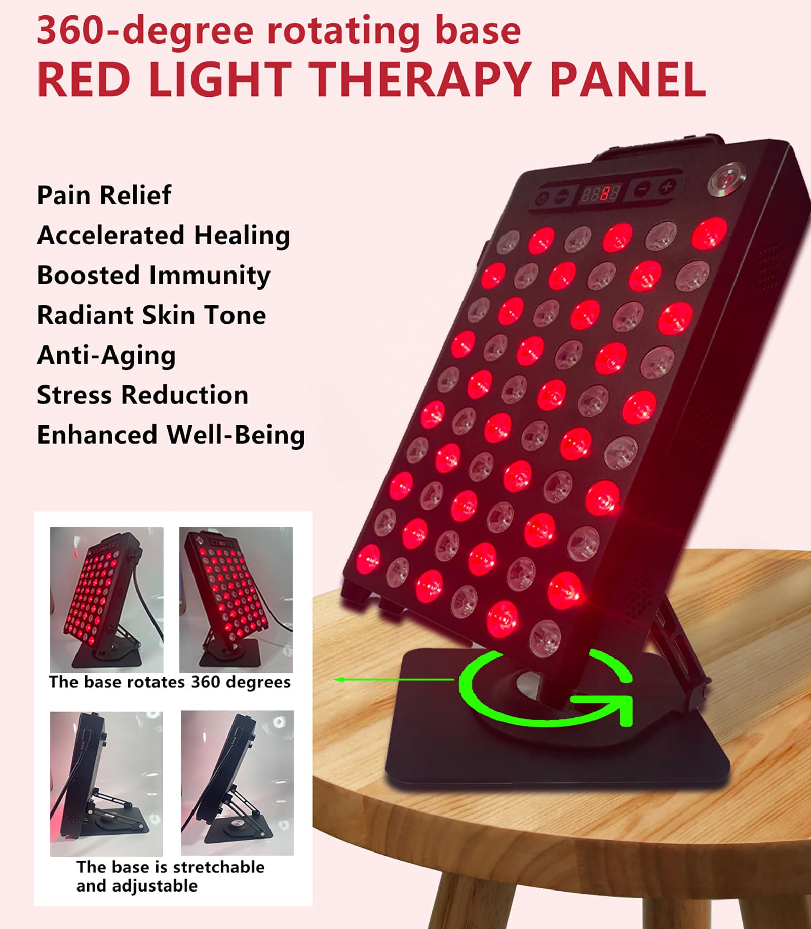 Panele do terapii światłem czerwonym, biurko 660 nm 850 nm urządzenie do terapii światłem czerwonym w bliskiej podczerwieni, obrót o 360 stopni, 60 diod LED, 100 W, do twarzy i ciała