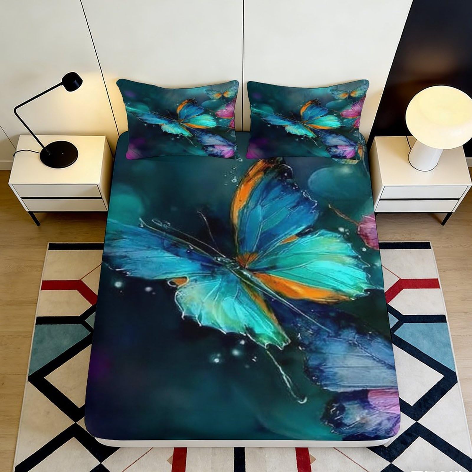 3D Printed Butterfly Fitted Sheet Microfiber Deep Pocket Full Wrap Bedroom Bedding Butterfly Mattress Fitted Cover for Home Use 90x200x25cm
