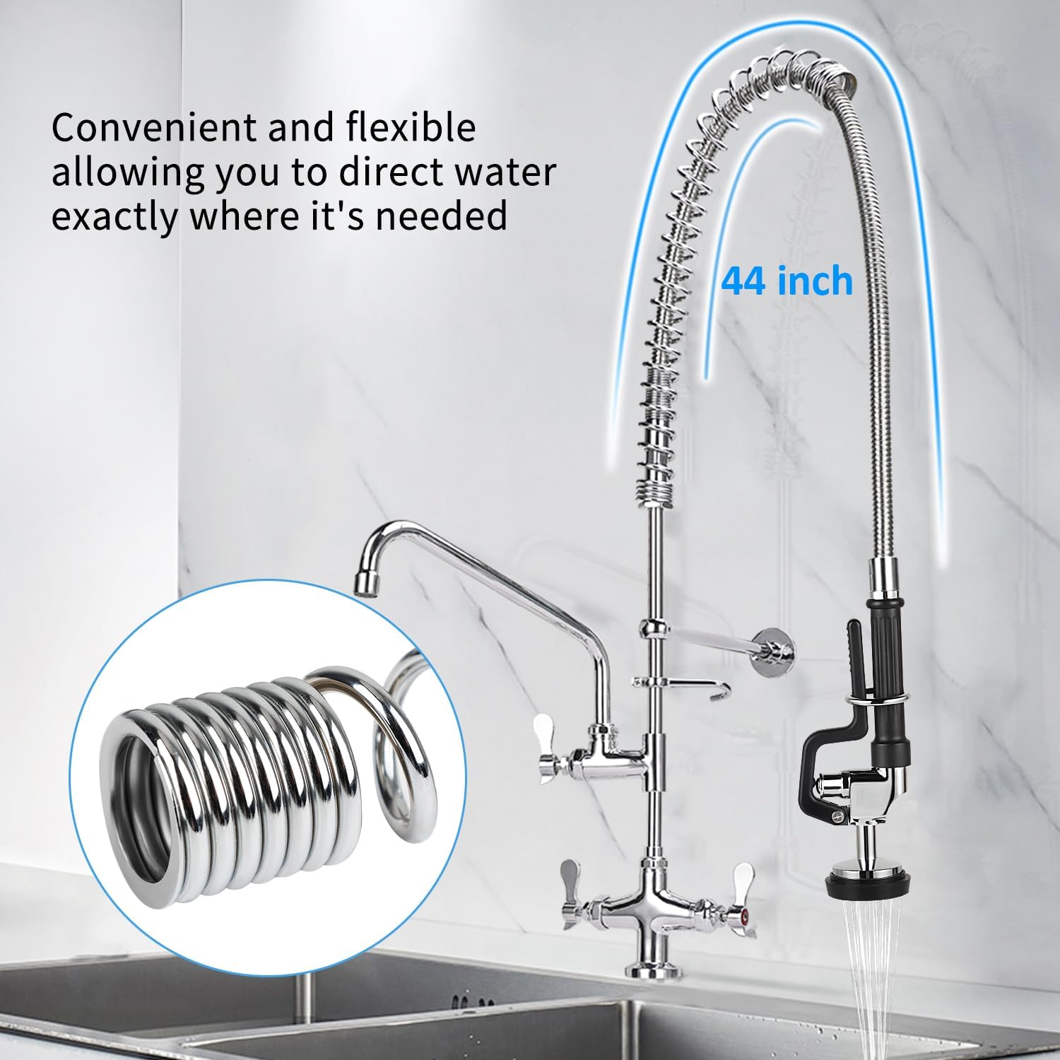 Commercial Pre-Rinse Spray Valve with 44inch Flexible Hose & Overhead Spring High Pressure Dish Sink Sprayer Heavy Duty Stainless Steel Easy to Install Ideal for Restaurants and Home Kitchens(Black)