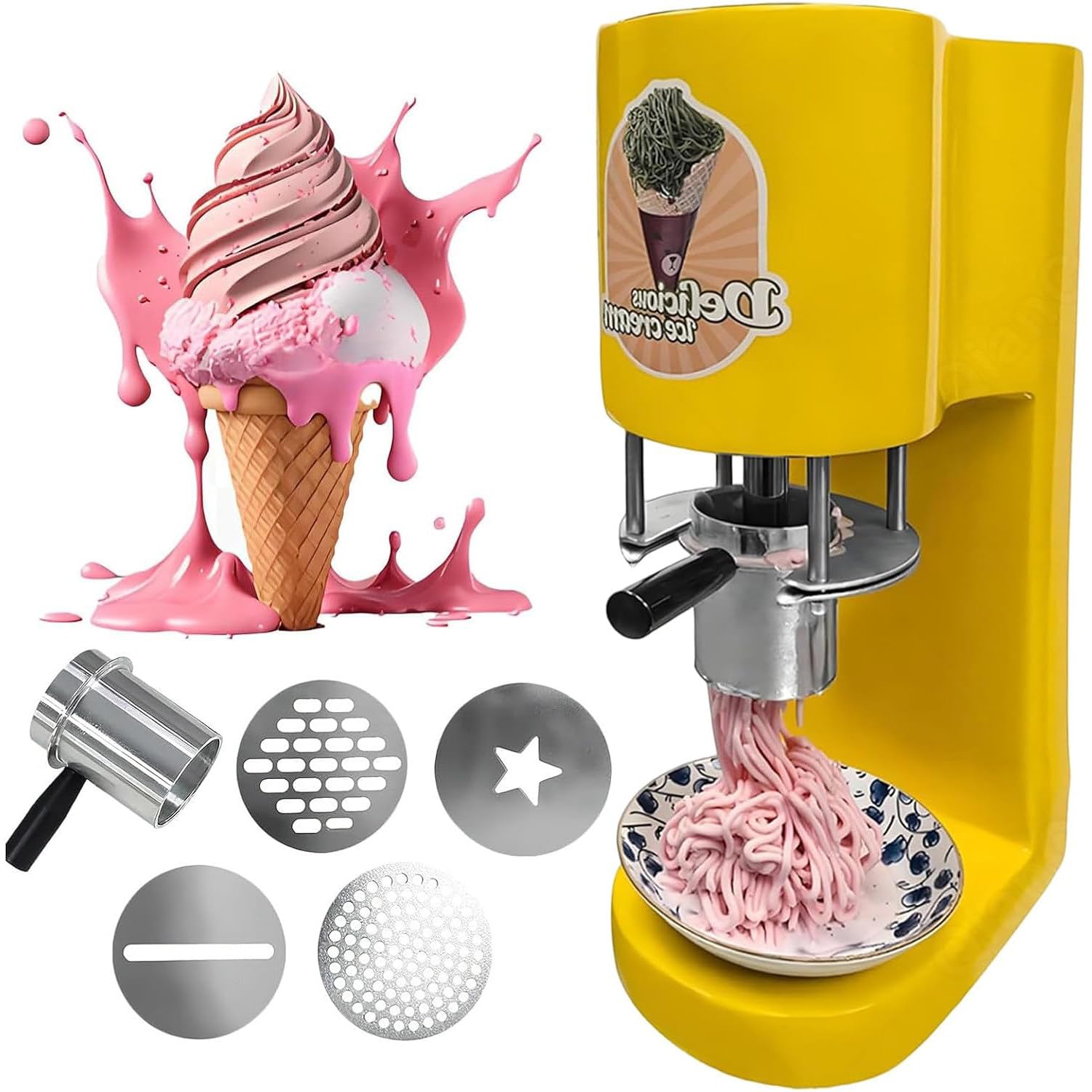 Macchina per gelato a spaghetti, macchina per gelato a pasta da 30 l/h, pressa elettrica per gelato a spaghetti da 80W, macchina per gelato soft da banco in stile italiano per feste e catering Yellow