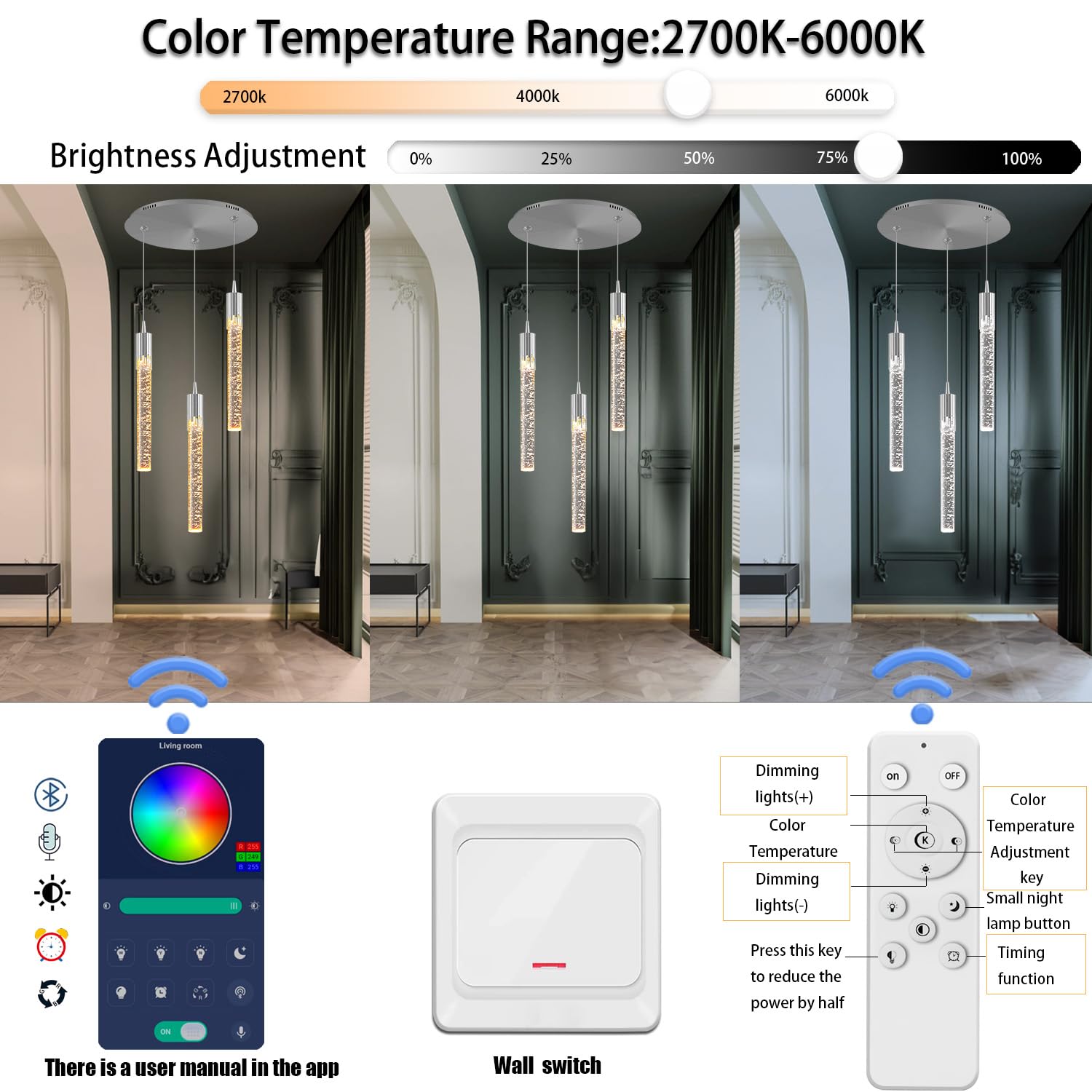Lámpara de araña LED Mini de Cristal Moderna - Lámpara Colgante Ajustable de 3 Luces para Isla de Cocina, Comedor, Dormitorio, Regulable 2700K-6000K, Acabado Cromado