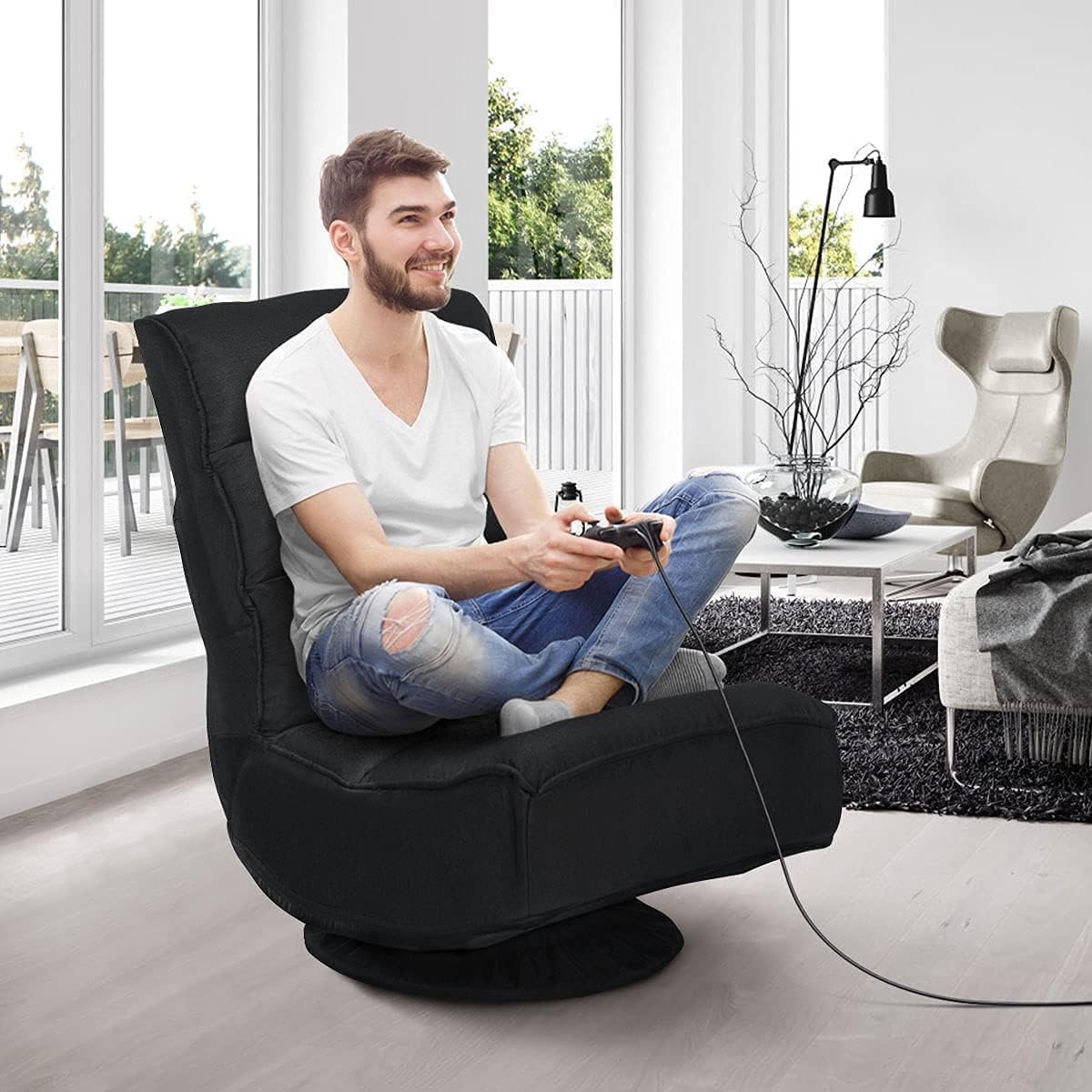 ERGOMASTER Reclining Folding Floor Gaming Chair w/ 360-Degree Swivel, 5 Adjustable Positions（Black）