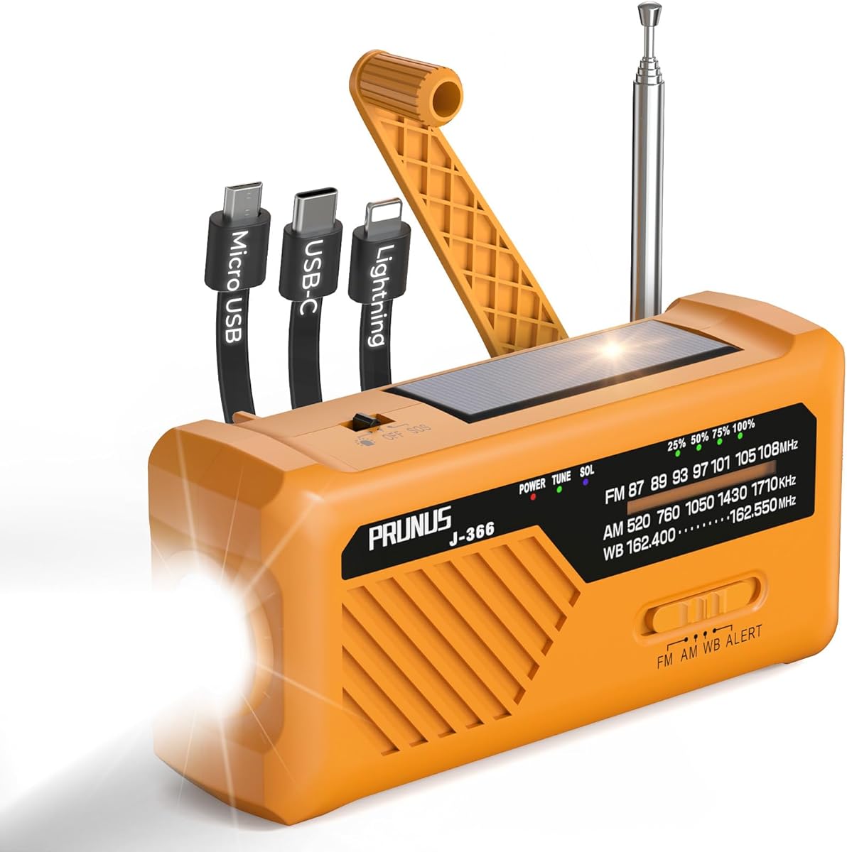 PRUNUS J-366 Wind Up Radio Solar, Emergency Hand Crank Radio AM/FM/SW, 3-in-1 Charging Cables, 2000mAh/AAA Battery/Hand Crank/Solar/USB-C, Battery Radio with SOS Alarm, Flashlight, Compact for Bag