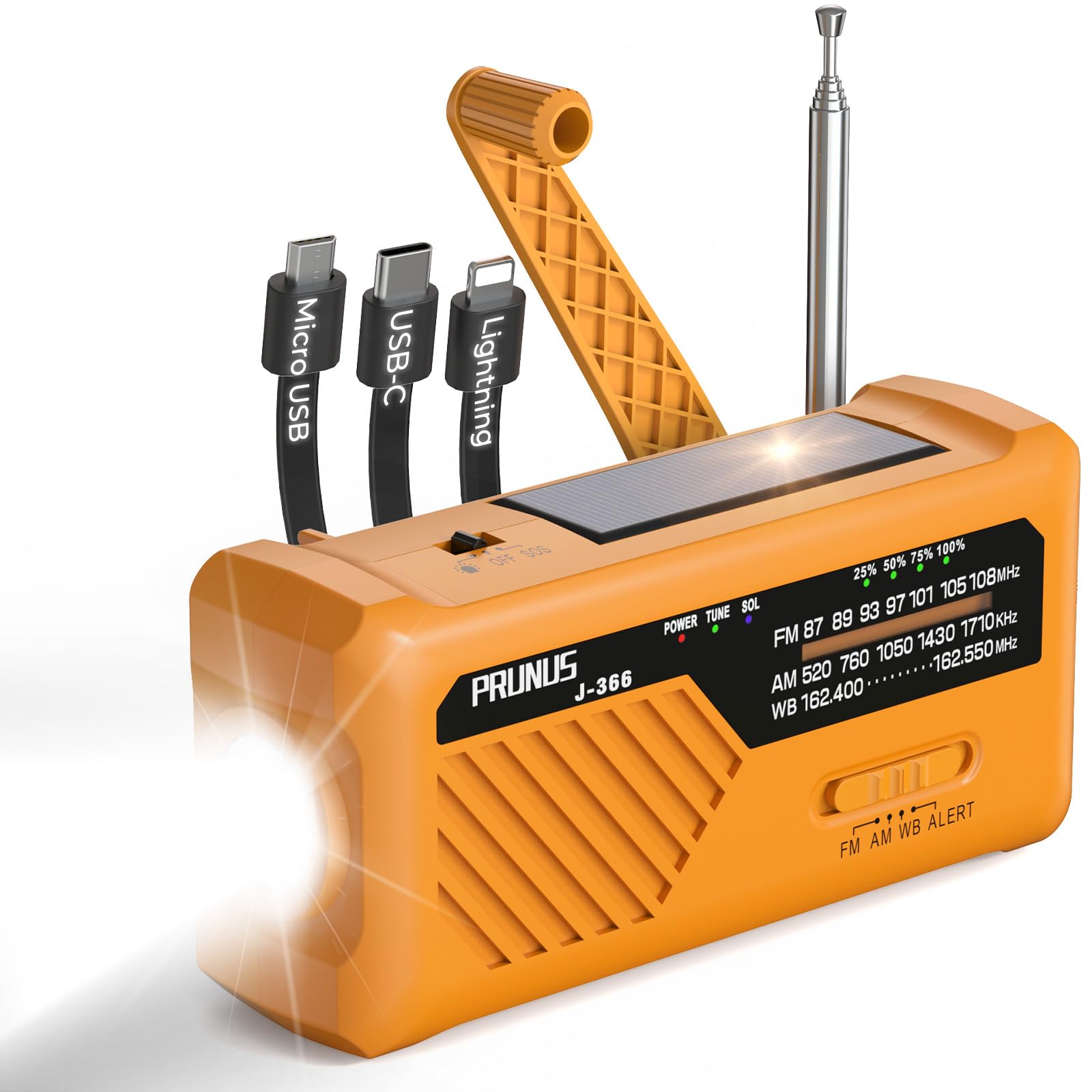 PRUNUS J-366 Radio akumulatorowe, ręczne radio skrętne w nagłych wypadkach, kable ładujące 3 w 1, bateria 7400 mWh / AAA / ręczna kostka / energia słoneczna / USB-C, AM/FM, SOS alarm, latarka