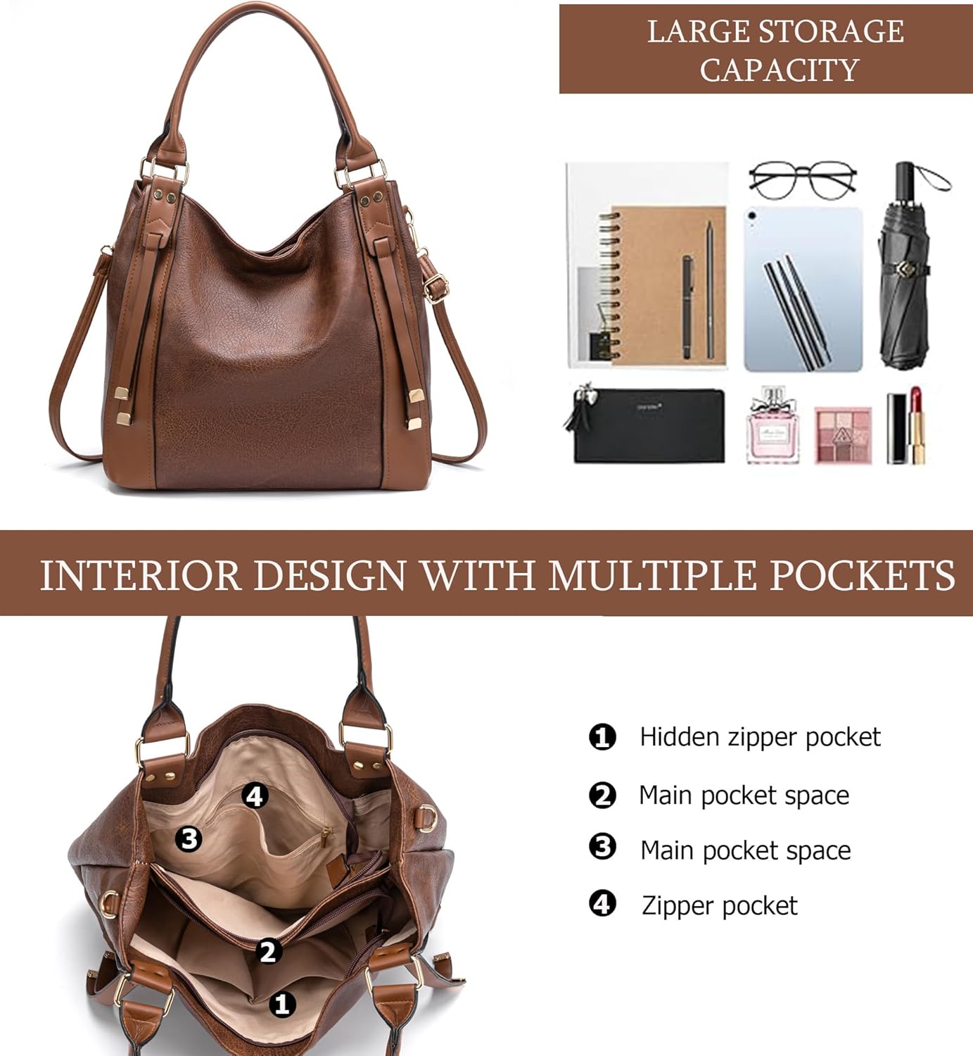 myfriday Vintage Large Leather Tote Handbags for Women, Soft Hobo Shoulder Bag Satchel Purse with Adjustable Strap