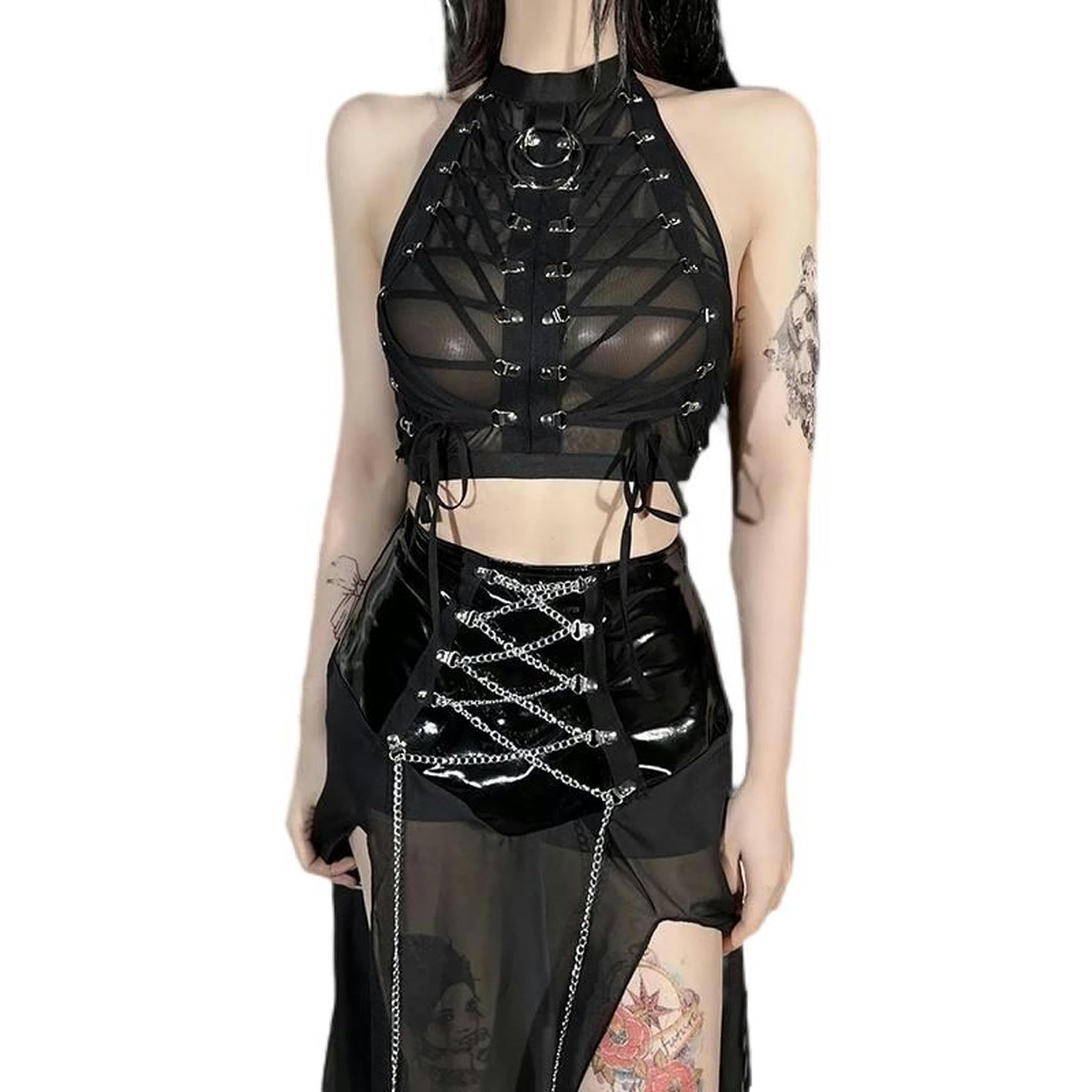 Top in Pizzo con Stampa Gotica, estetica, Nero, Rosso, Canotta Basica, Abbigliamento Estivo per Donne e Ragazze-Nero-S