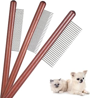 Tweruna 3 Pack Wooden Cat Grooming Combs, Stainless Steel Teeth for Cats Dogs Rabbits, 3 Styles for Loose Fur Detangling
