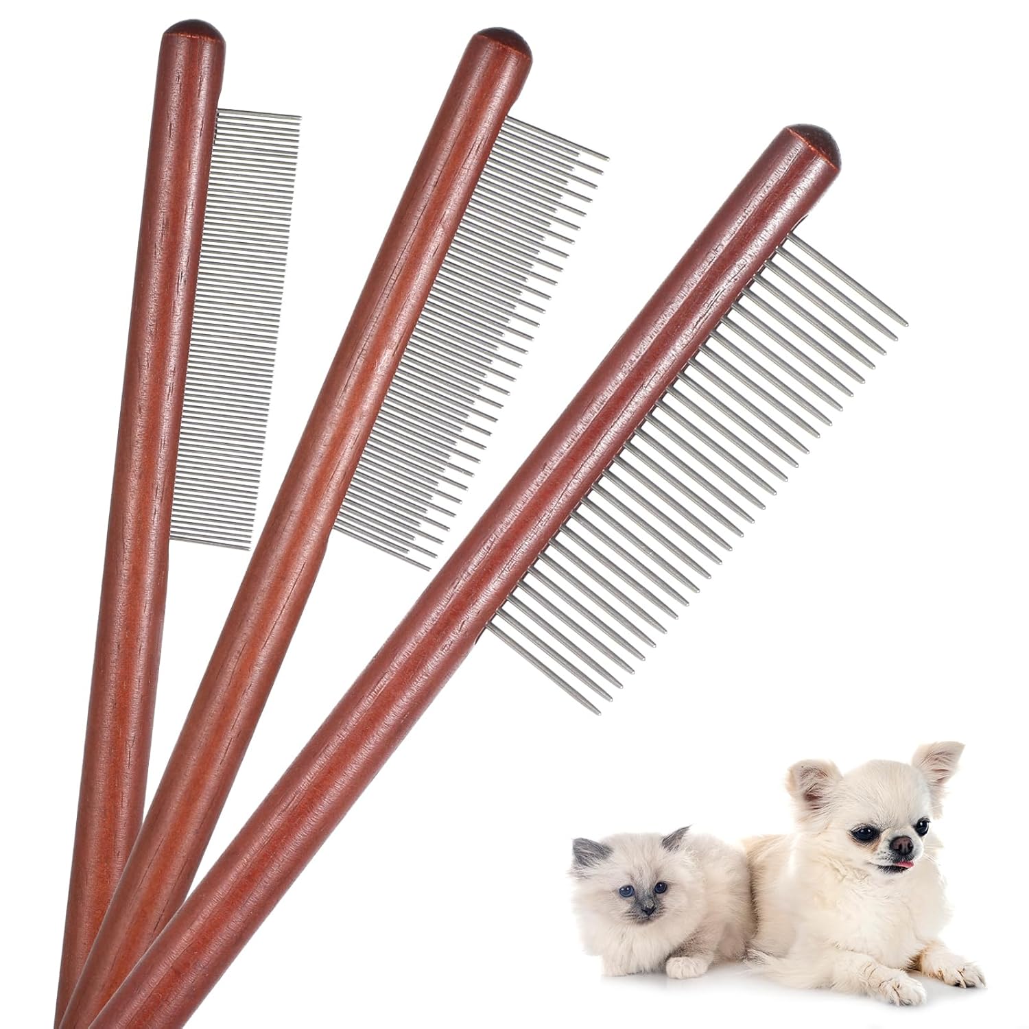 Tweruna 3 Pack Wooden Cat Grooming Combs, Stainless Steel Teeth for Cats Dogs Rabbits, 3 Styles for Loose Fur Detangling
