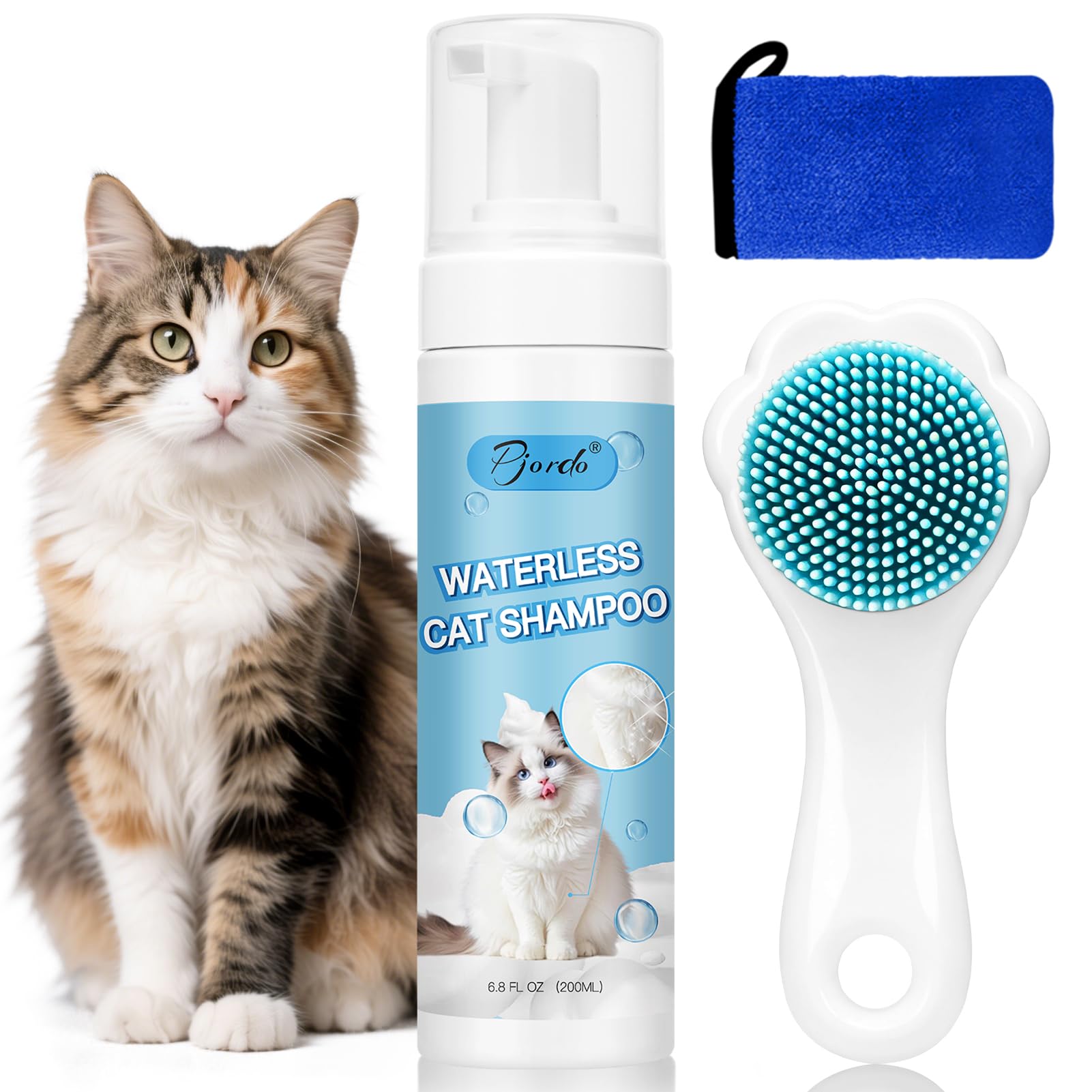 Pjordo Waterless Cat Shampoo with Brush and Cloth, 6.8 FL OZ Cat Shampoo and Conditioner, Cat Dry Shampoo, No Rinse Formula for Quick Clean, Care for Cats and Kittens with Itching &amp; Sensitive Skin