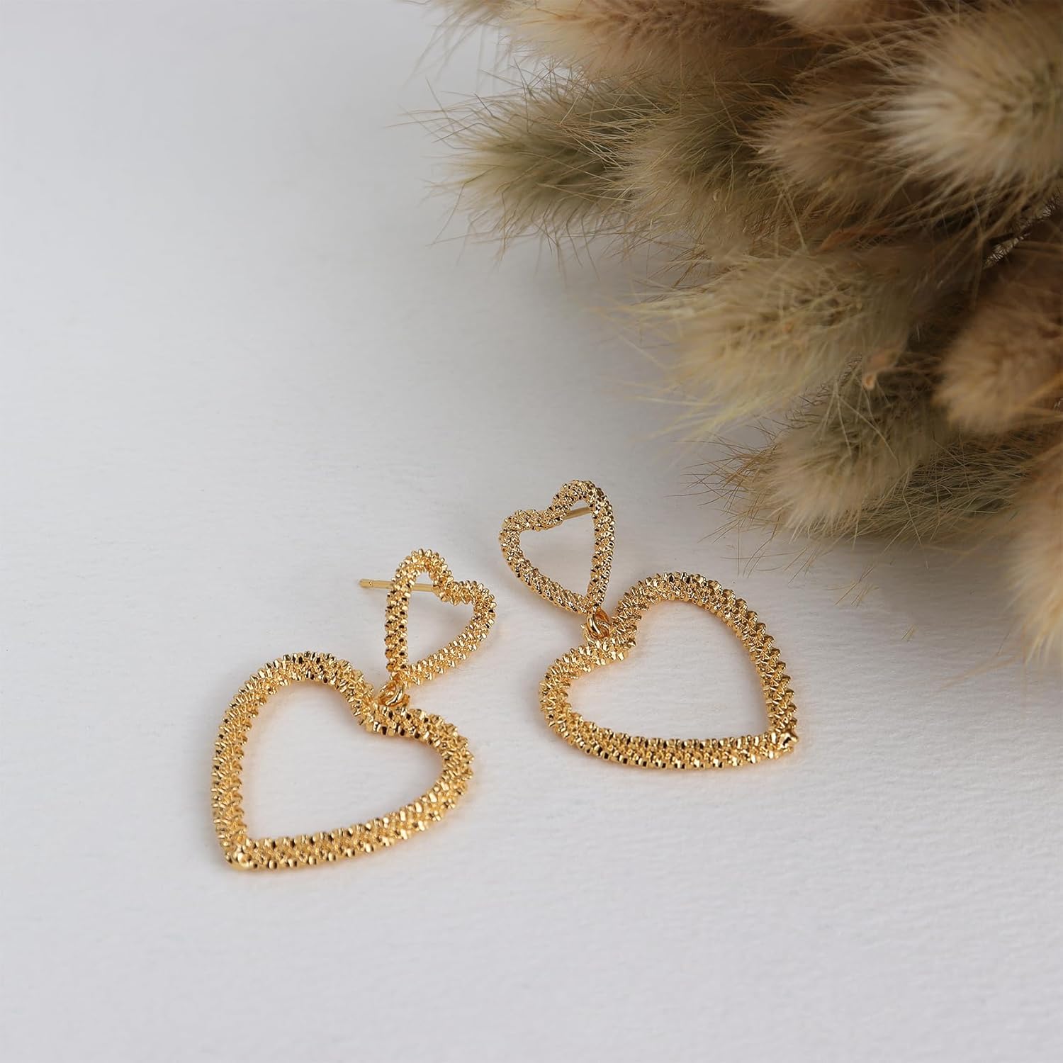 JeanBeau Big Gold Chunky Double Heart Hoop Dangle Drop Stud Earrings for Women, Mother Day Valentine Trendy Statement Love Dangling Earing Prom Jewelry Gift. - Image 7