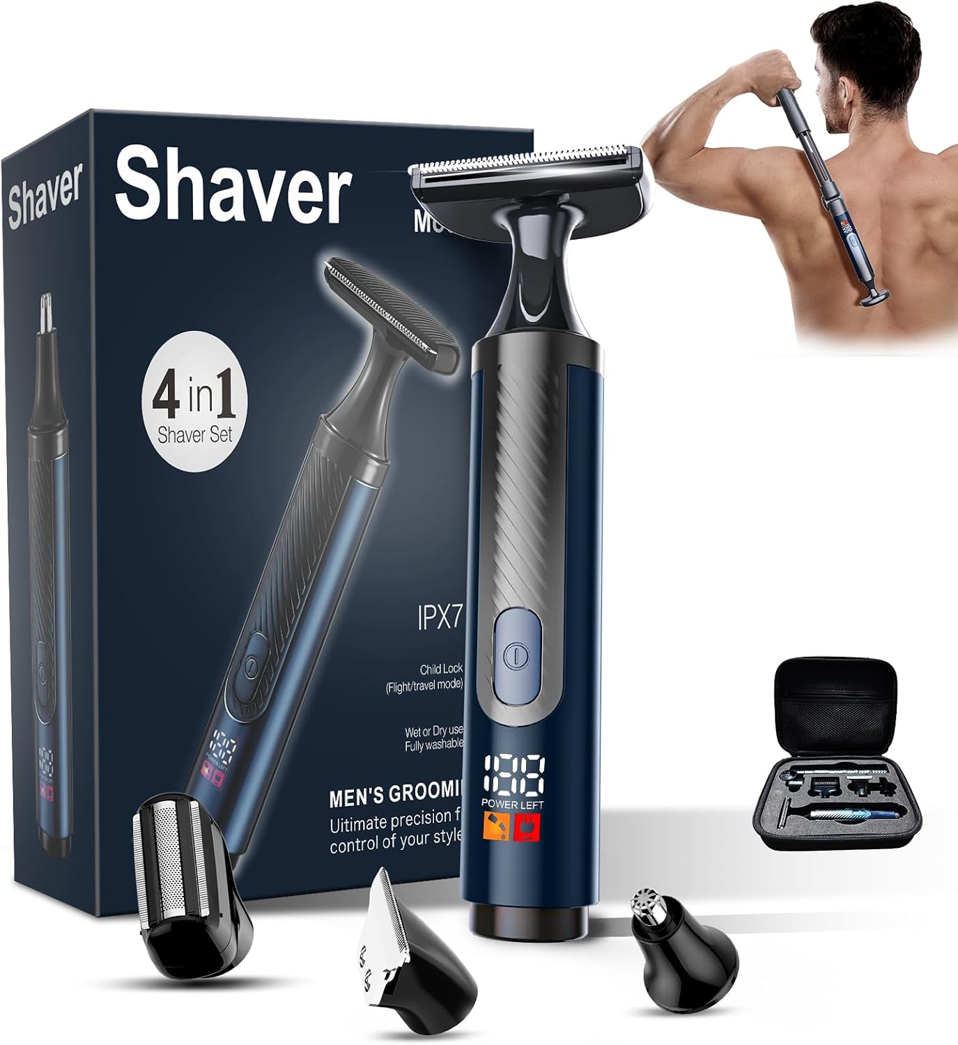 Back Shaver for Men, USB-C, Electric Groin Hair Trimmer Ultra-Wide 2" T-Shaped Head LED Display, 4 in 1 Kit with Long Handle, Safety Lock, IPX7 Wet/Dry, Multi-Functional Back Trimmer,(Jet Black)