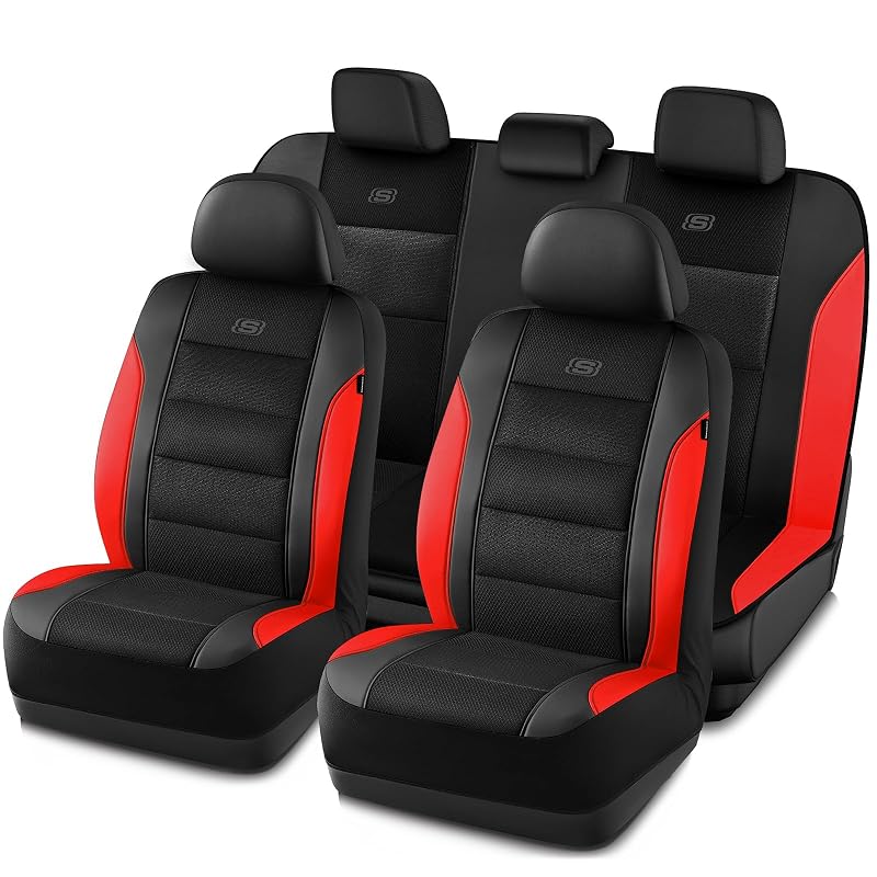 Capas para Bancos Skechers com Memory Foam, Couro e Malha EVA Aircooled, Compatíveis com Airbag, Preto e Vermelho, Conjunto Completo