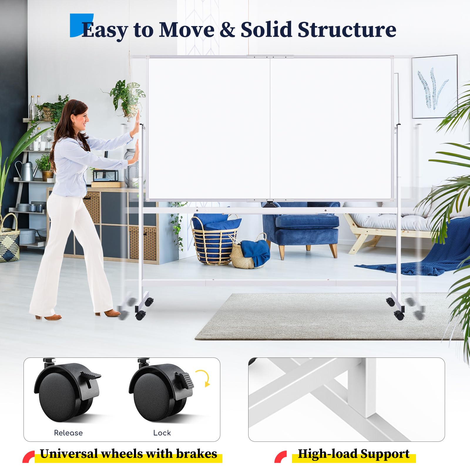 maxtek Lavagna Bianca Mobile con Supporto 180 x 100 cm, Grande Lavagna Cancellabile Magnetica Double Face, Cadre en Aluminium, Capovolgimenti 360° su Ruote, per Casa, Ufficio, Scuola