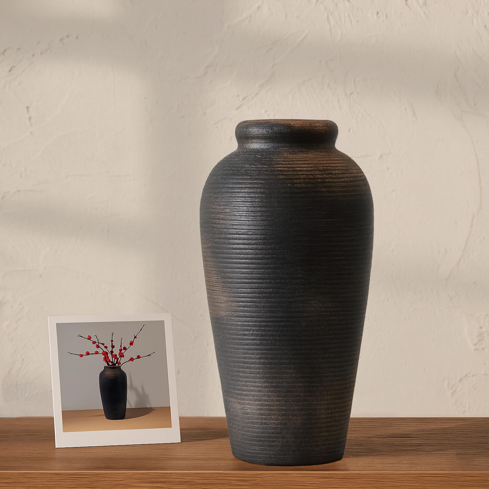Photo 1 of 11 Inch Terracotta Decorative Vase with Blackened Bronze Finish Handmade Boho Farmhouse Pottery Vase for Entryway, Floor Accent or Living Room Decor