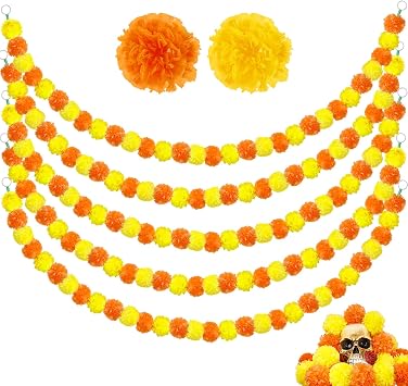 5 Pcs 5ft Marigold Garland for Decoration - Artificial Marigold Flowers for Diwali Party, Dia De Los Muertos Halloween Indian Pooja Weddings Home Decor Wreath Orange & Yellow