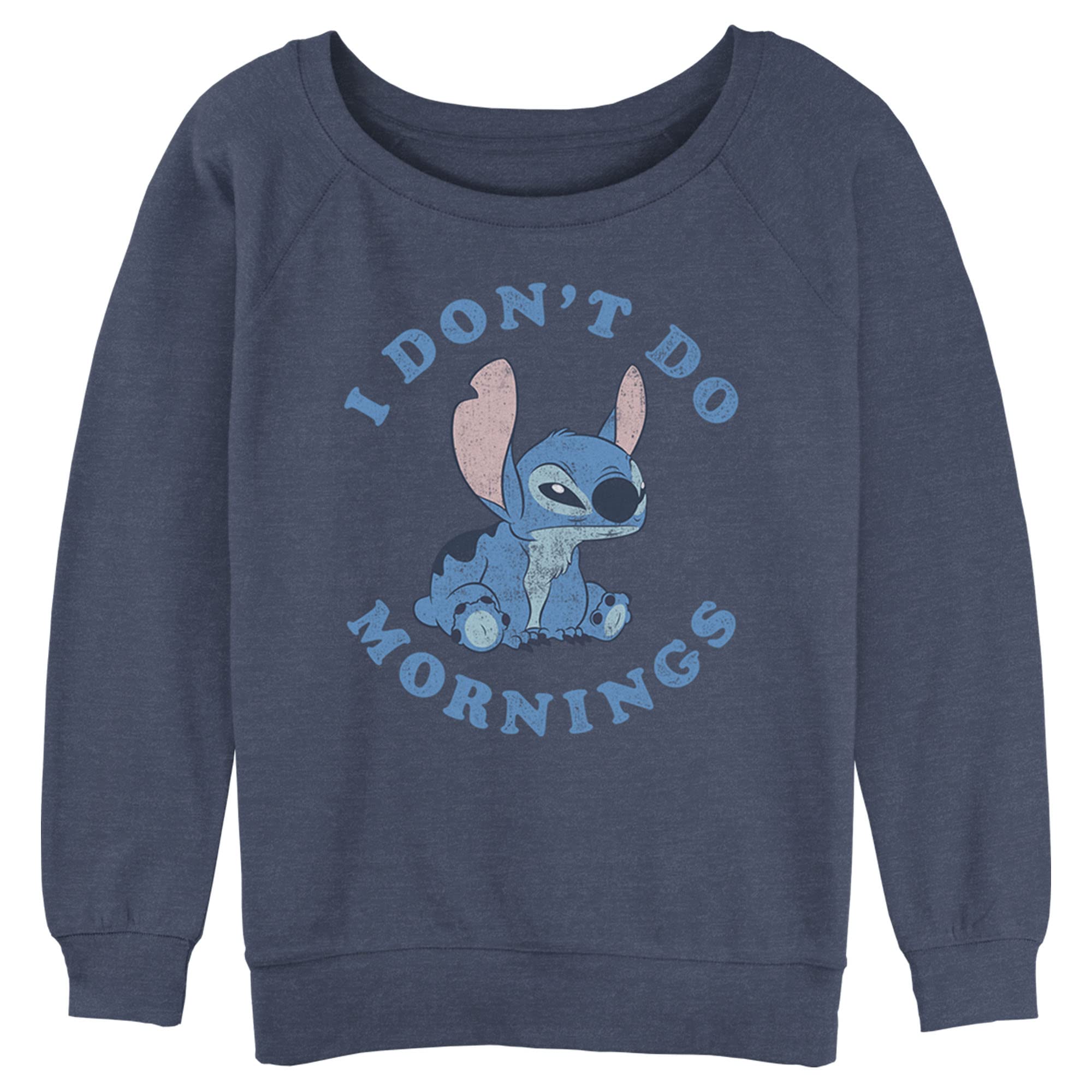 Disney womens Disney Lilo Stitch Stitch Mornings Juniors Raglan Pullover With Coverstitch