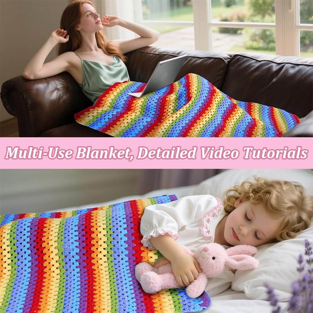 WEBEEDY Regenbogen Häkeldecke Set Mit Videoanleitung Für Erwachsene Anfänger Lernset Zum Häkeln Einer Decke Mit Weichem Garn Und Häkelnadel Für Einfache Strickgeschenke 88x38cm